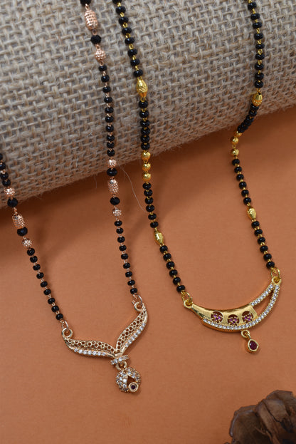 Meira Jewellery Traditional Black Bead Combo Mangalsutra Necklace for Women, Gold & Rose Gold Plated CZ Stone Stylish Mangalsutra Pendant Chain for Daily & Festive Ethnic Set of 2 Tanmaniya-38