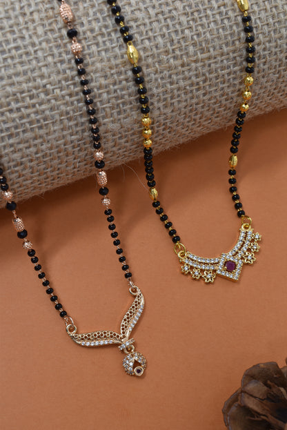 Meira Jewellery Traditional Black Bead Combo Mangalsutra Necklace for Women, Gold & Rose Gold Plated CZ Stone Stylish Mangalsutra Pendant Chain for Daily & Festive Ethnic Set of 2 Tanmaniya-39