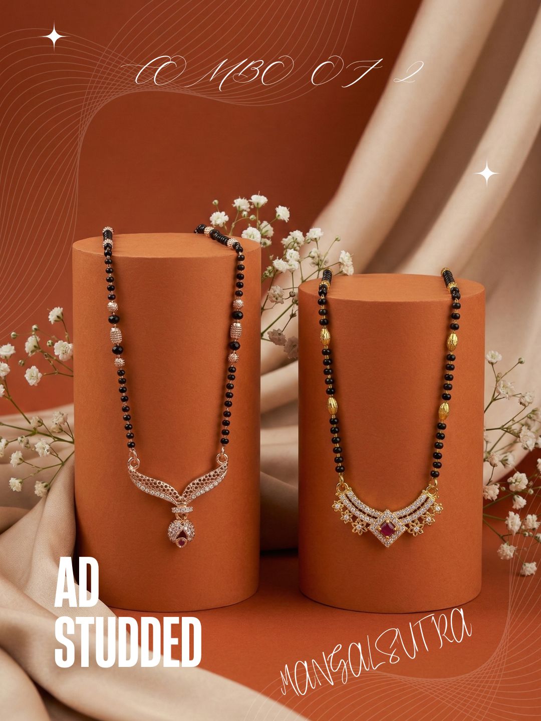 Meira Jewellery Traditional Black Bead Combo Mangalsutra Necklace for Women, Gold & Rose Gold Plated CZ Stone Stylish Mangalsutra Pendant Chain for Daily & Festive Ethnic Set of 2 Tanmaniya-39