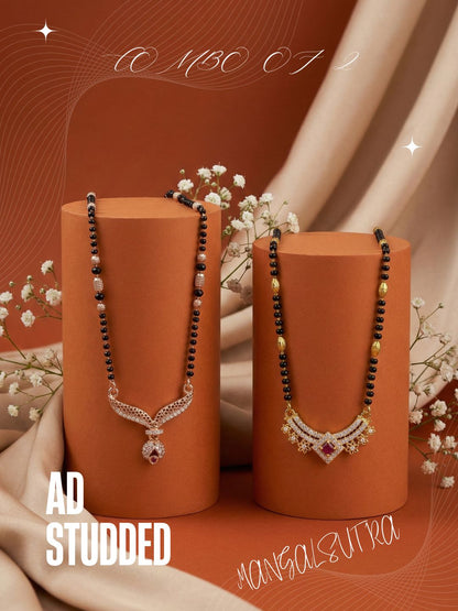 Meira Jewellery Traditional Black Bead Combo Mangalsutra Necklace for Women, Gold & Rose Gold Plated CZ Stone Stylish Mangalsutra Pendant Chain for Daily & Festive Ethnic Set of 2 Tanmaniya-39
