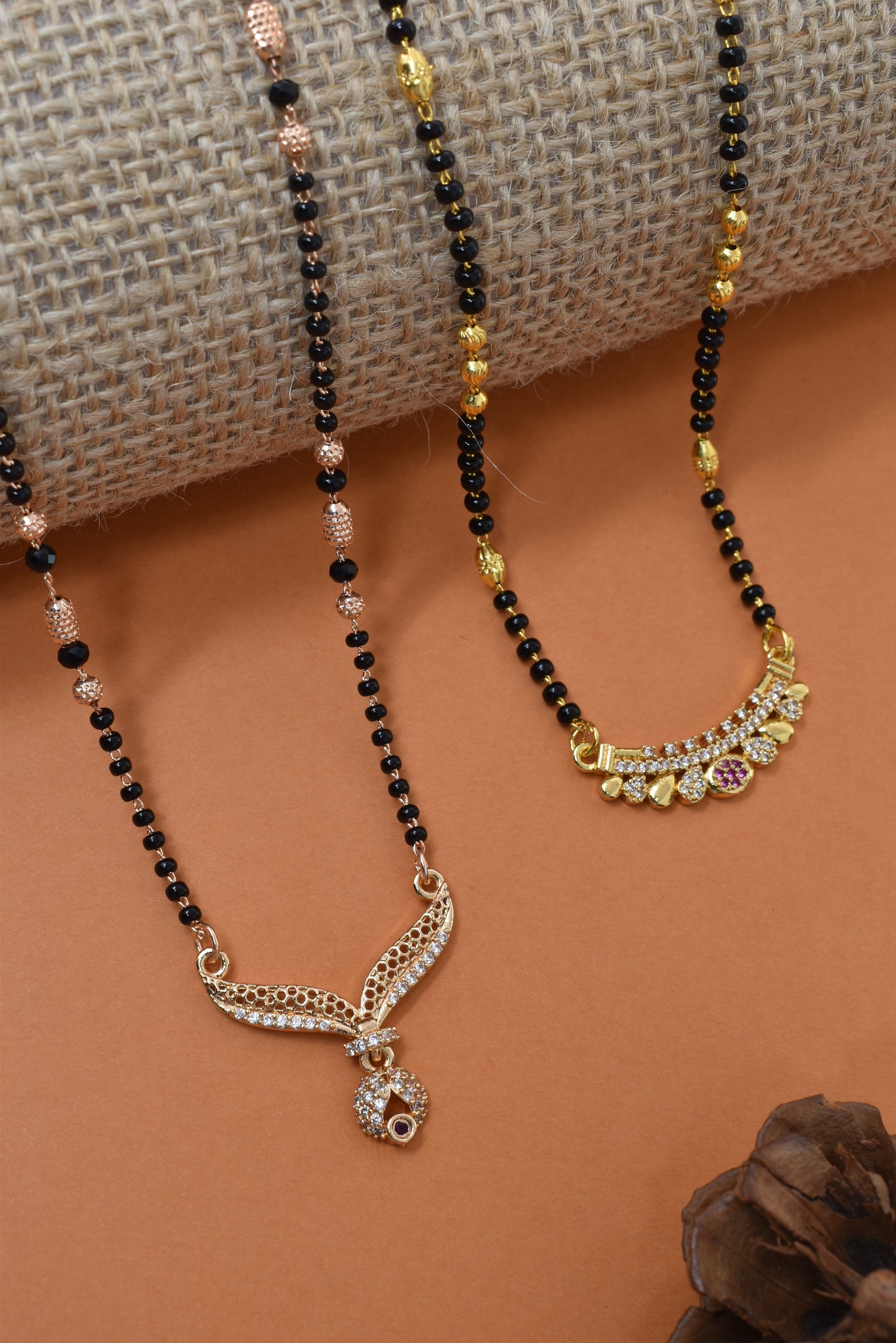 Meira Jewellery Traditional Black Bead Combo Mangalsutra Necklace for Women, Gold & Rose Gold Plated CZ Stone Stylish Mangalsutra Pendant Chain for Daily & Festive Ethnic Set of 2 Tanmaniya-40