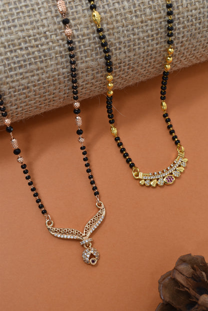 Meira Jewellery Traditional Black Bead Combo Mangalsutra Necklace for Women, Gold & Rose Gold Plated CZ Stone Stylish Mangalsutra Pendant Chain for Daily & Festive Ethnic Set of 2 Tanmaniya-40