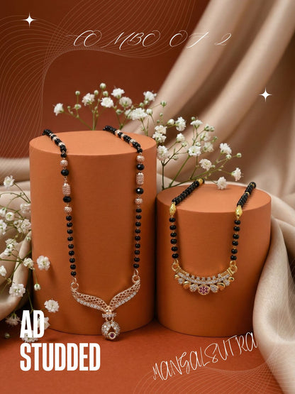 Meira Jewellery Traditional Black Bead Combo Mangalsutra Necklace for Women, Gold & Rose Gold Plated CZ Stone Stylish Mangalsutra Pendant Chain for Daily & Festive Ethnic Set of 2 Tanmaniya-40