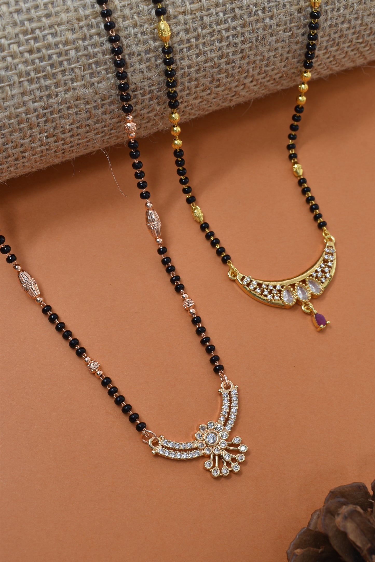 Meira Jewellery Traditional Black Bead Combo Mangalsutra Necklace for Women, Gold & Rose Gold Plated CZ Stone Stylish Mangalsutra Pendant Chain for Daily & Festive Ethnic Set of 2 Tanmaniya-42