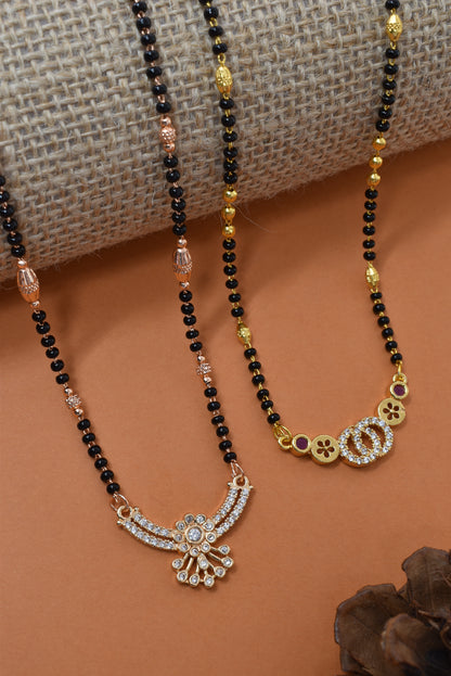 Meira Jewellery Traditional Black Bead Combo Mangalsutra Necklace for Women, Gold & Rose Gold Plated CZ Stone Stylish Mangalsutra Pendant Chain for Daily & Festive Ethnic Set of 2 Tanmaniya-44