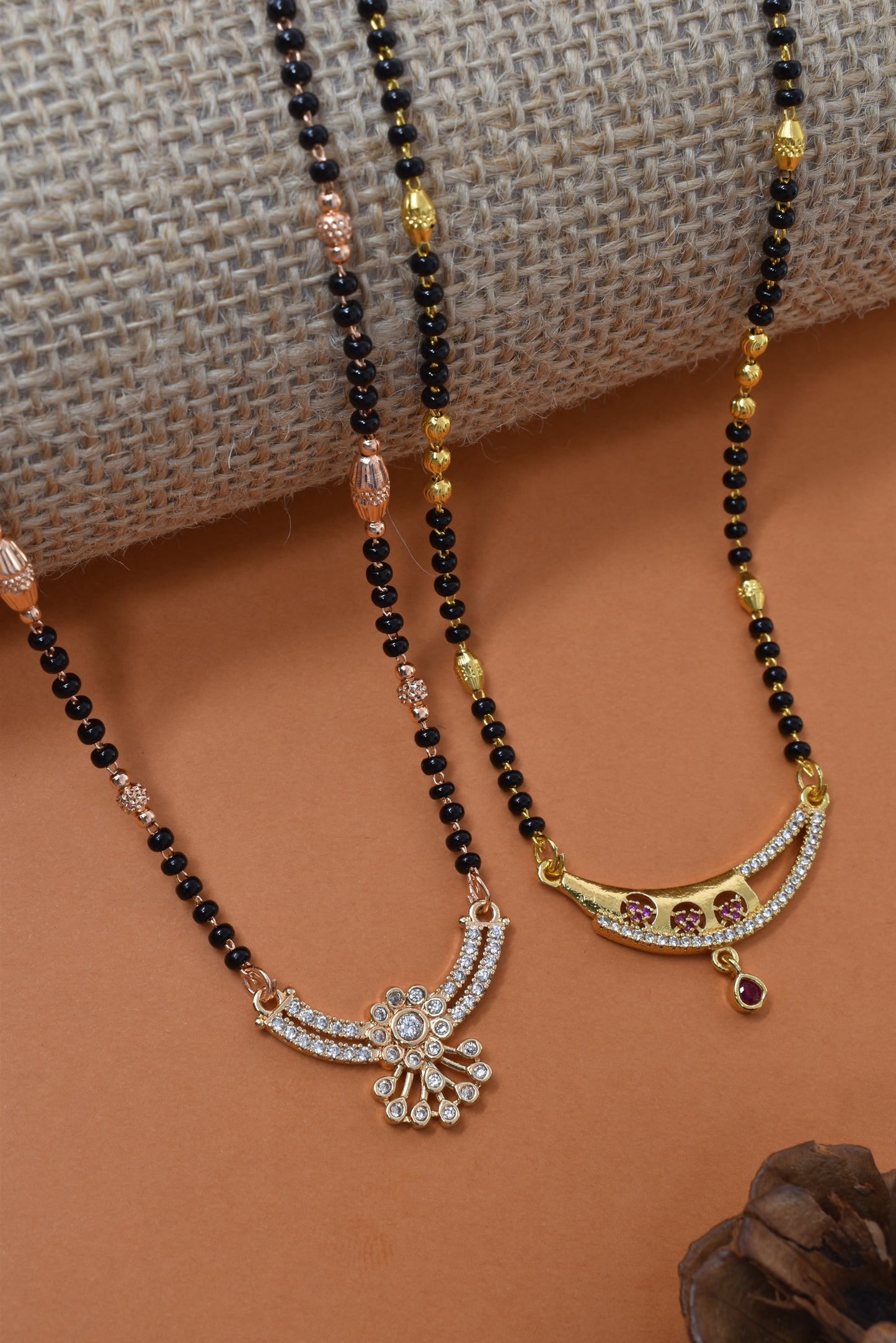 Meira Jewellery Traditional Black Bead Combo Mangalsutra Necklace for Women, Gold & Rose Gold Plated CZ Stone Stylish Mangalsutra Pendant Chain for Daily & Festive Ethnic Set of 2 Tanmaniya-46