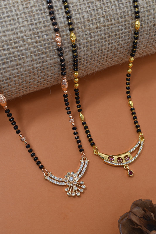 Meira Jewellery Traditional Black Bead Combo Mangalsutra Necklace for Women, Gold & Rose Gold Plated CZ Stone Stylish Mangalsutra Pendant Chain for Daily & Festive Ethnic Set of 2 Tanmaniya-46