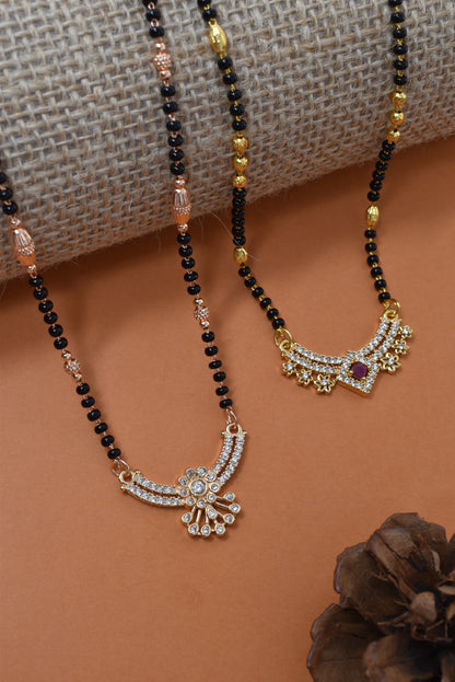 Meira Jewellery Traditional Black Bead Combo Mangalsutra Necklace for Women, Gold & Rose Gold Plated CZ Stone Stylish Mangalsutra Pendant Chain for Daily & Festive Ethnic Set of 2 Tanmaniya-47
