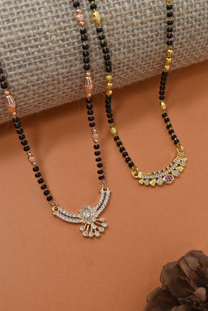Meira Jewellery Traditional Black Bead Combo Mangalsutra Necklace for Women, Gold & Rose Gold Plated CZ Stone Stylish Mangalsutra Pendant Chain for Daily & Festive Ethnic Set of 2 Tanmaniya-48