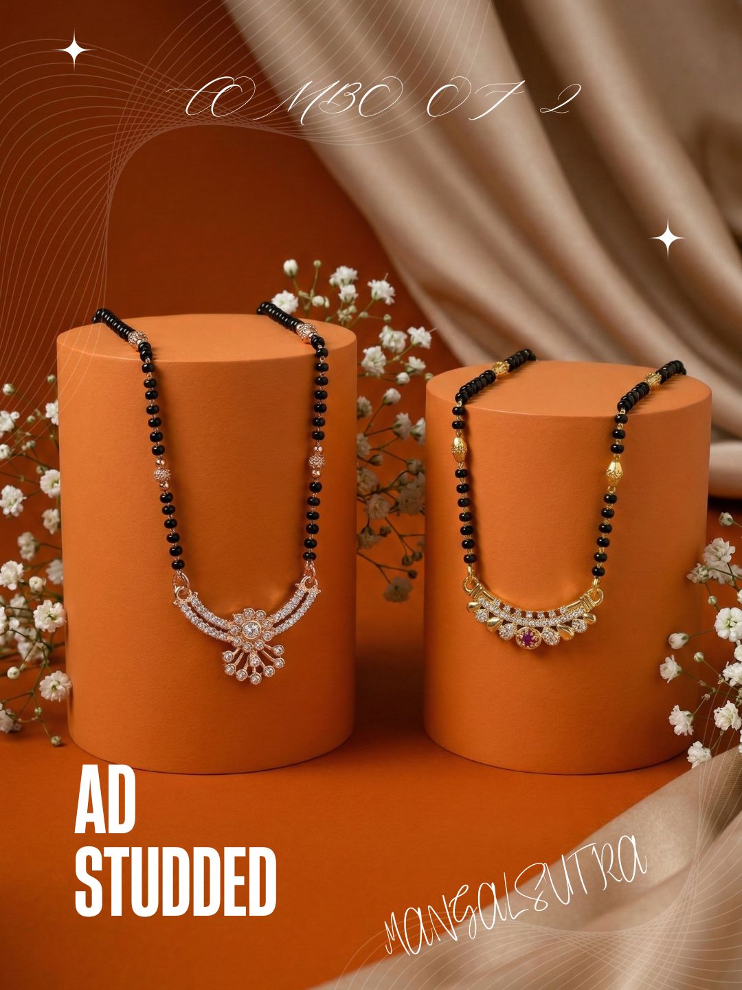 Meira Jewellery Traditional Black Bead Combo Mangalsutra Necklace for Women, Gold & Rose Gold Plated CZ Stone Stylish Mangalsutra Pendant Chain for Daily & Festive Ethnic Set of 2 Tanmaniya-48