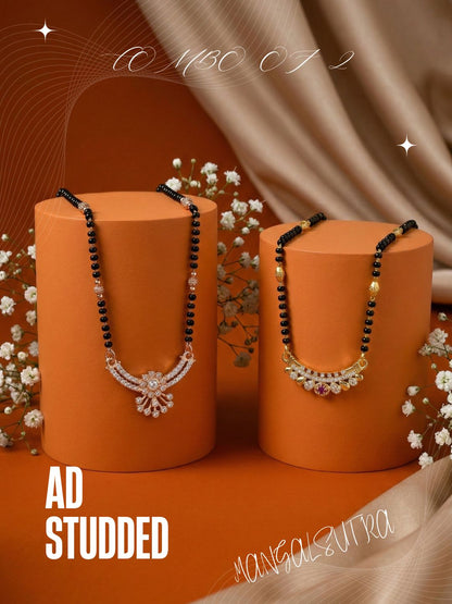 Meira Jewellery Traditional Black Bead Combo Mangalsutra Necklace for Women, Gold & Rose Gold Plated CZ Stone Stylish Mangalsutra Pendant Chain for Daily & Festive Ethnic Set of 2 Tanmaniya-48
