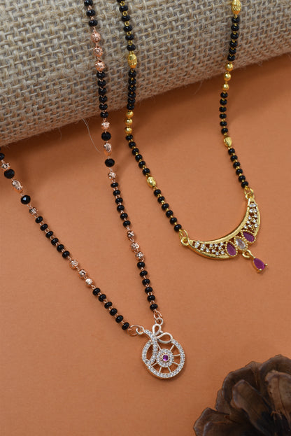 Meira Jewellery Traditional Black Bead Combo Mangalsutra Necklace for Women, Gold & Rose Gold Plated CZ Stone Stylish Mangalsutra Pendant Chain for Daily & Festive Ethnic Set of 2 Tanmaniya-49