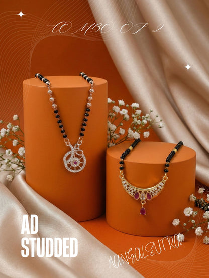 Meira Jewellery Traditional Black Bead Combo Mangalsutra Necklace for Women, Gold & Rose Gold Plated CZ Stone Stylish Mangalsutra Pendant Chain for Daily & Festive Ethnic Set of 2 Tanmaniya-49