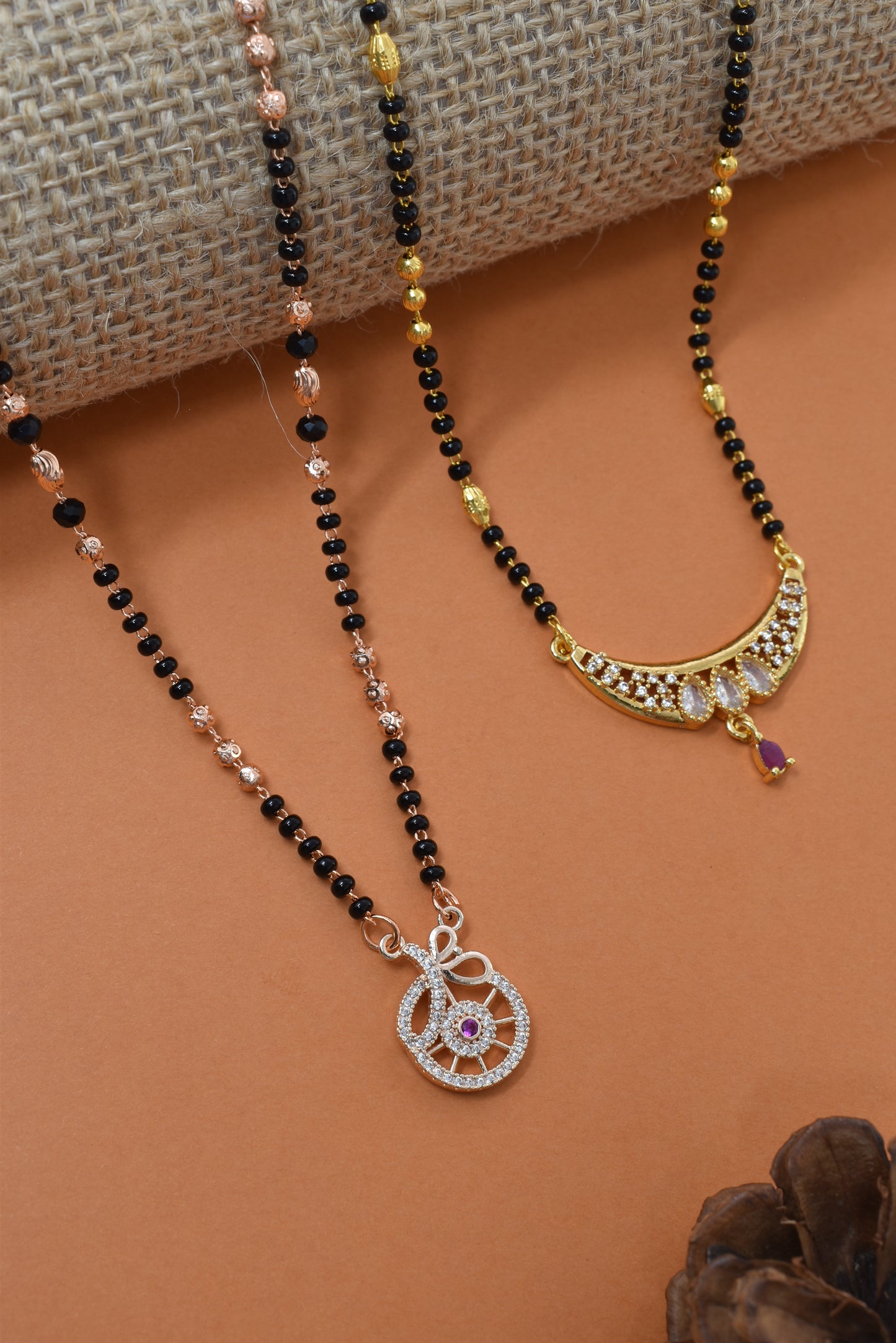 Meira Jewellery Traditional Black Bead Combo Mangalsutra Necklace for Women, Gold & Rose Gold Plated CZ Stone Stylish Mangalsutra Pendant Chain for Daily & Festive Ethnic Set of 2 Tanmaniya-50