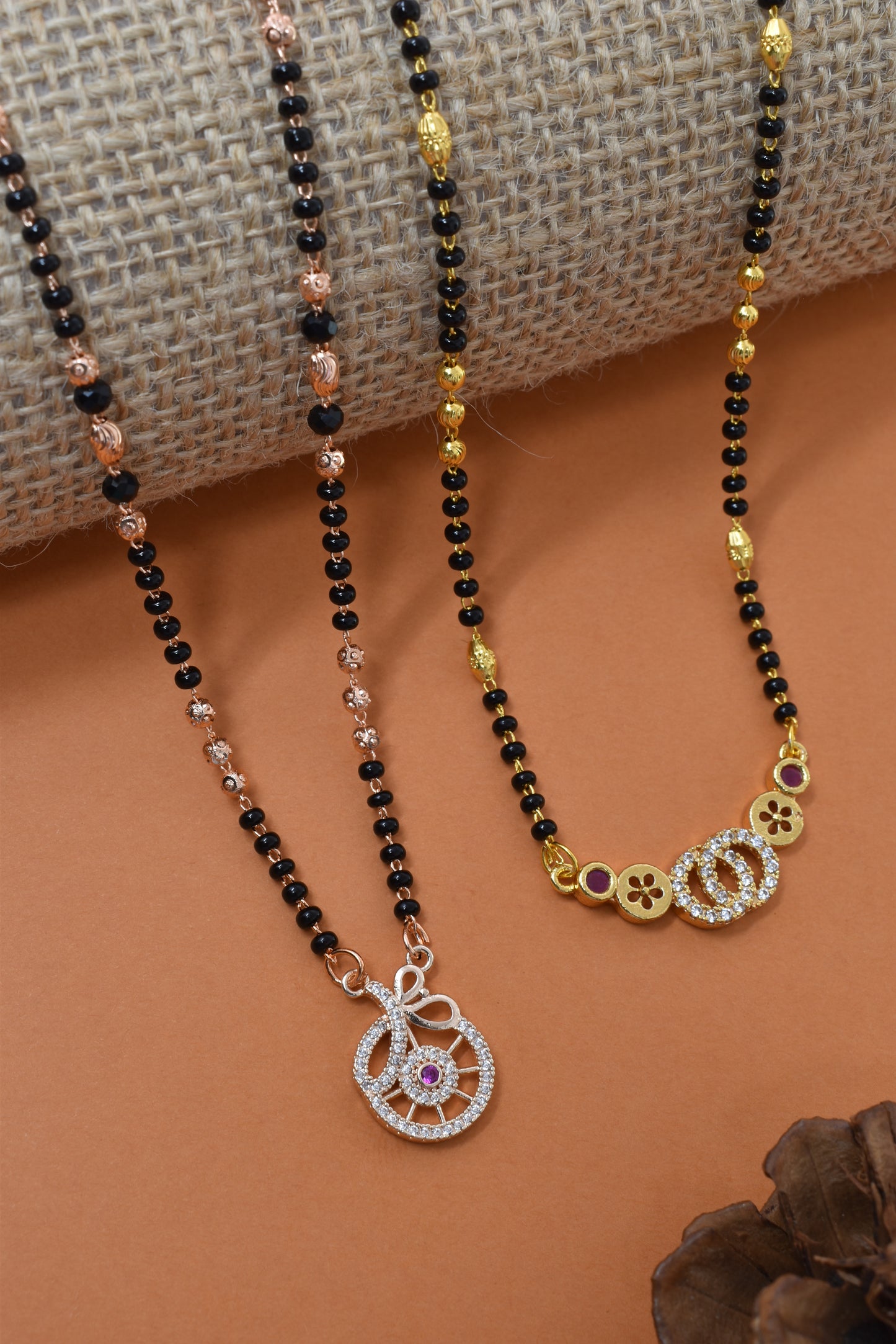 Meira Jewellery Traditional Black Bead Combo Mangalsutra Necklace for Women, Gold & Rose Gold Plated CZ Stone Stylish Mangalsutra Pendant Chain for Daily & Festive Ethnic Set of 2 Tanmaniya-52
