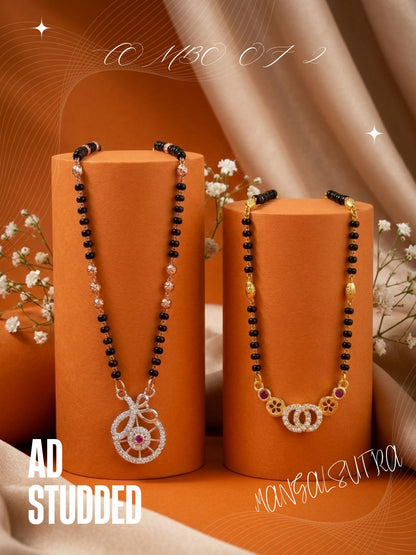 Meira Jewellery Traditional Black Bead Combo Mangalsutra Necklace for Women, Gold & Rose Gold Plated CZ Stone Stylish Mangalsutra Pendant Chain for Daily & Festive Ethnic Set of 2 Tanmaniya-52