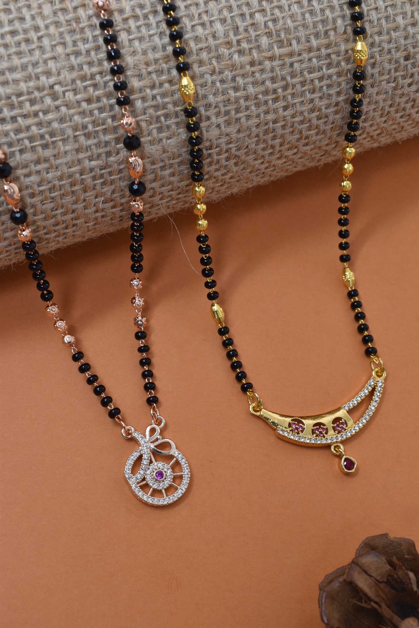Meira Jewellery Traditional Black Bead Combo Mangalsutra Necklace for Women, Gold & Rose Gold Plated CZ Stone Stylish Mangalsutra Pendant Chain for Daily & Festive Ethnic Set of 2 Tanmaniya-53