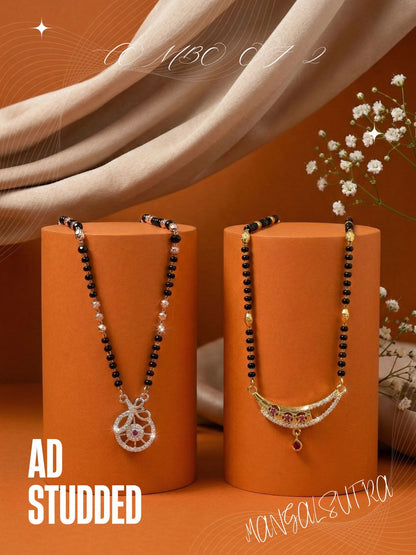 Meira Jewellery Traditional Black Bead Combo Mangalsutra Necklace for Women, Gold & Rose Gold Plated CZ Stone Stylish Mangalsutra Pendant Chain for Daily & Festive Ethnic Set of 2 Tanmaniya-53