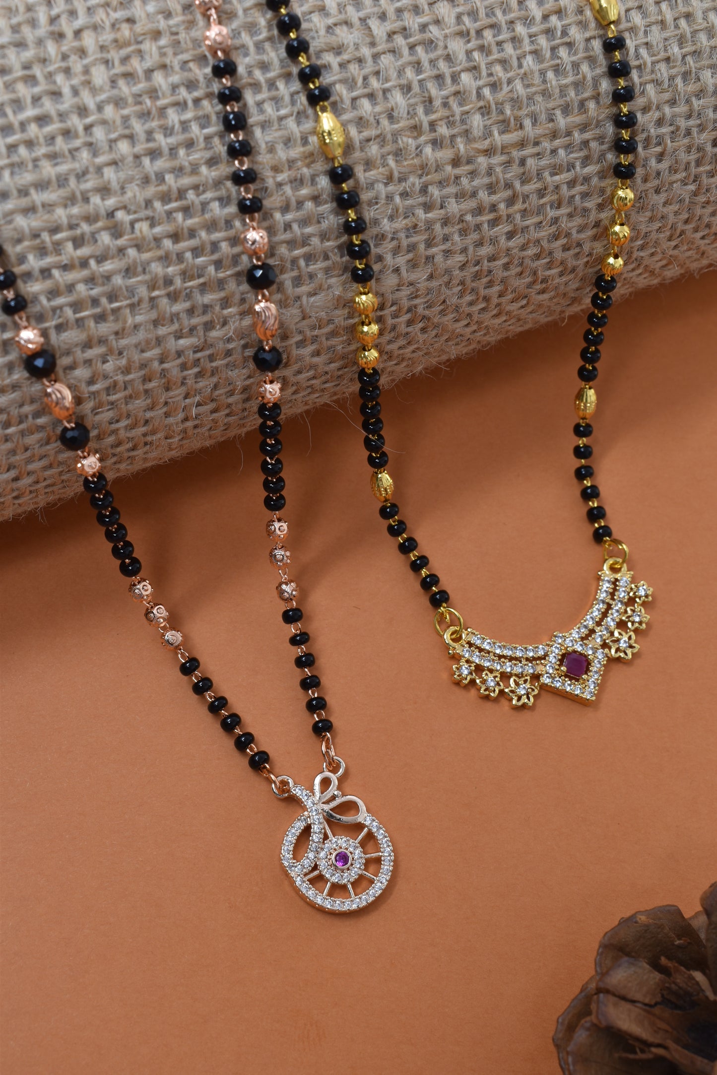 Meira Jewellery Traditional Black Bead Combo Mangalsutra Necklace for Women, Gold & Rose Gold Plated CZ Stone Stylish Mangalsutra Pendant Chain for Daily & Festive Ethnic Set of 2 Tanmaniya-54