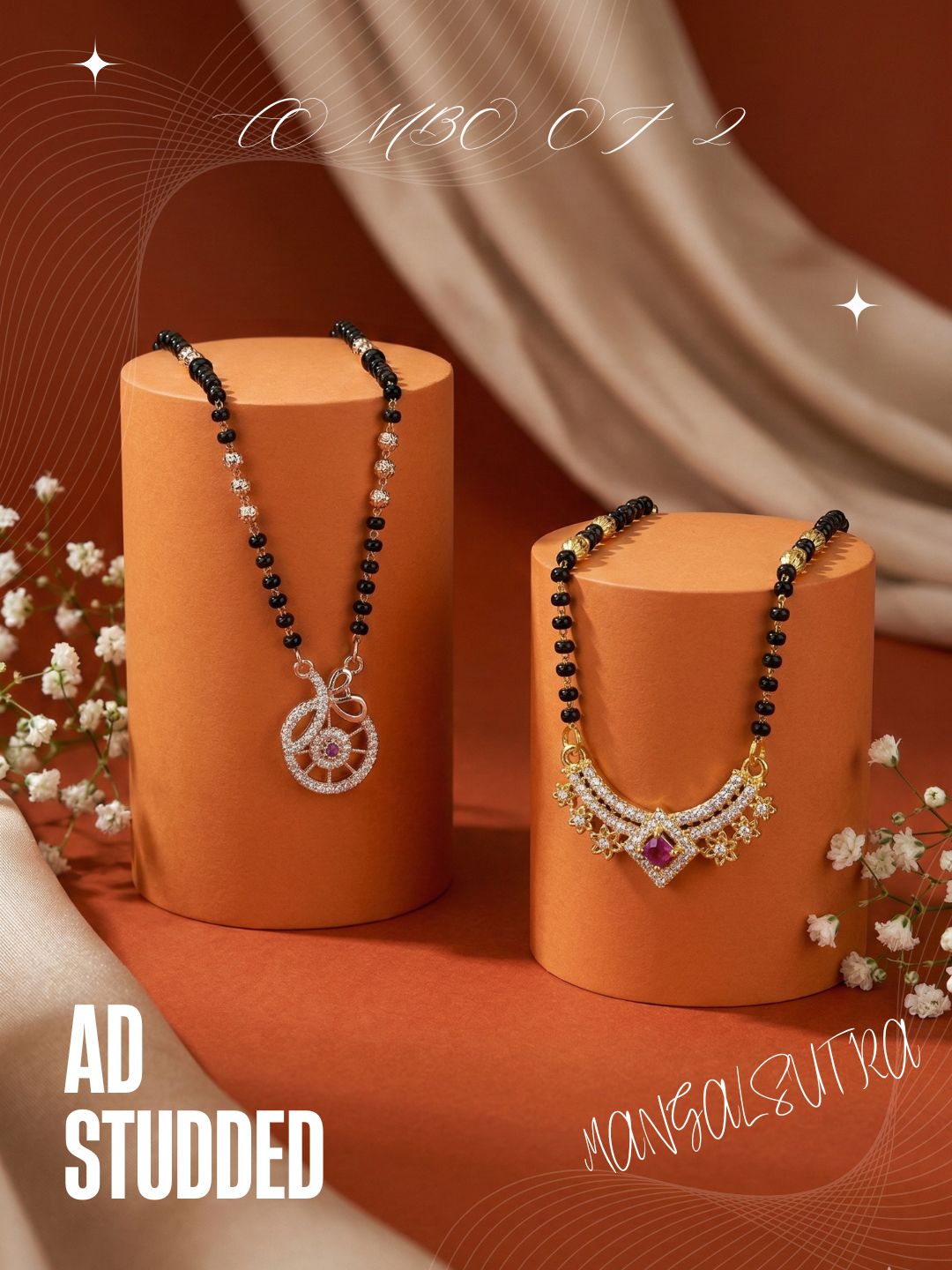 Meira Jewellery Traditional Black Bead Combo Mangalsutra Necklace for Women, Gold & Rose Gold Plated CZ Stone Stylish Mangalsutra Pendant Chain for Daily & Festive Ethnic Set of 2 Tanmaniya-54