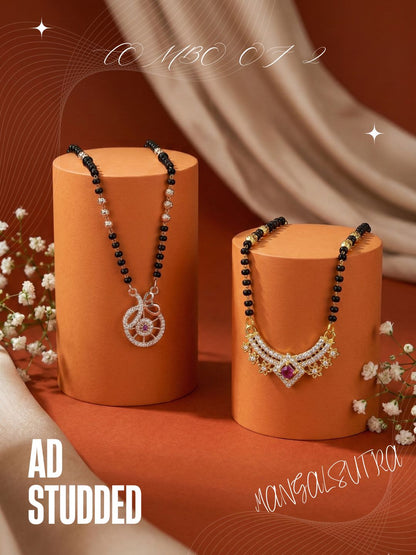 Meira Jewellery Traditional Black Bead Combo Mangalsutra Necklace for Women, Gold & Rose Gold Plated CZ Stone Stylish Mangalsutra Pendant Chain for Daily & Festive Ethnic Set of 2 Tanmaniya-54
