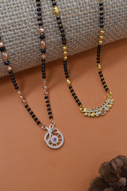 Meira Jewellery Traditional Black Bead Combo Mangalsutra Necklace for Women, Gold & Rose Gold Plated CZ Stone Stylish Mangalsutra Pendant Chain for Daily & Festive Ethnic Set of 2 Tanmaniya-55