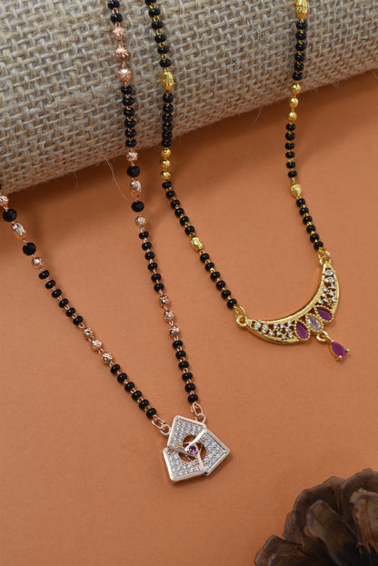 Meira Jewellery Traditional Black Bead Combo Mangalsutra Necklace for Women, Gold & Rose Gold Plated CZ Stone Stylish Mangalsutra Pendant Chain for Daily & Festive Ethnic Set of 2 Tanmaniya-56