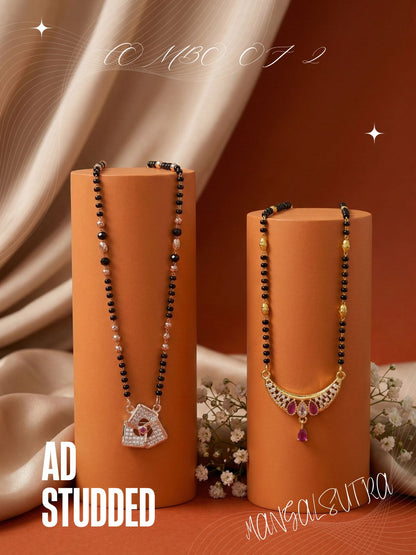 Meira Jewellery Traditional Black Bead Combo Mangalsutra Necklace for Women, Gold & Rose Gold Plated CZ Stone Stylish Mangalsutra Pendant Chain for Daily & Festive Ethnic Set of 2 Tanmaniya-56
