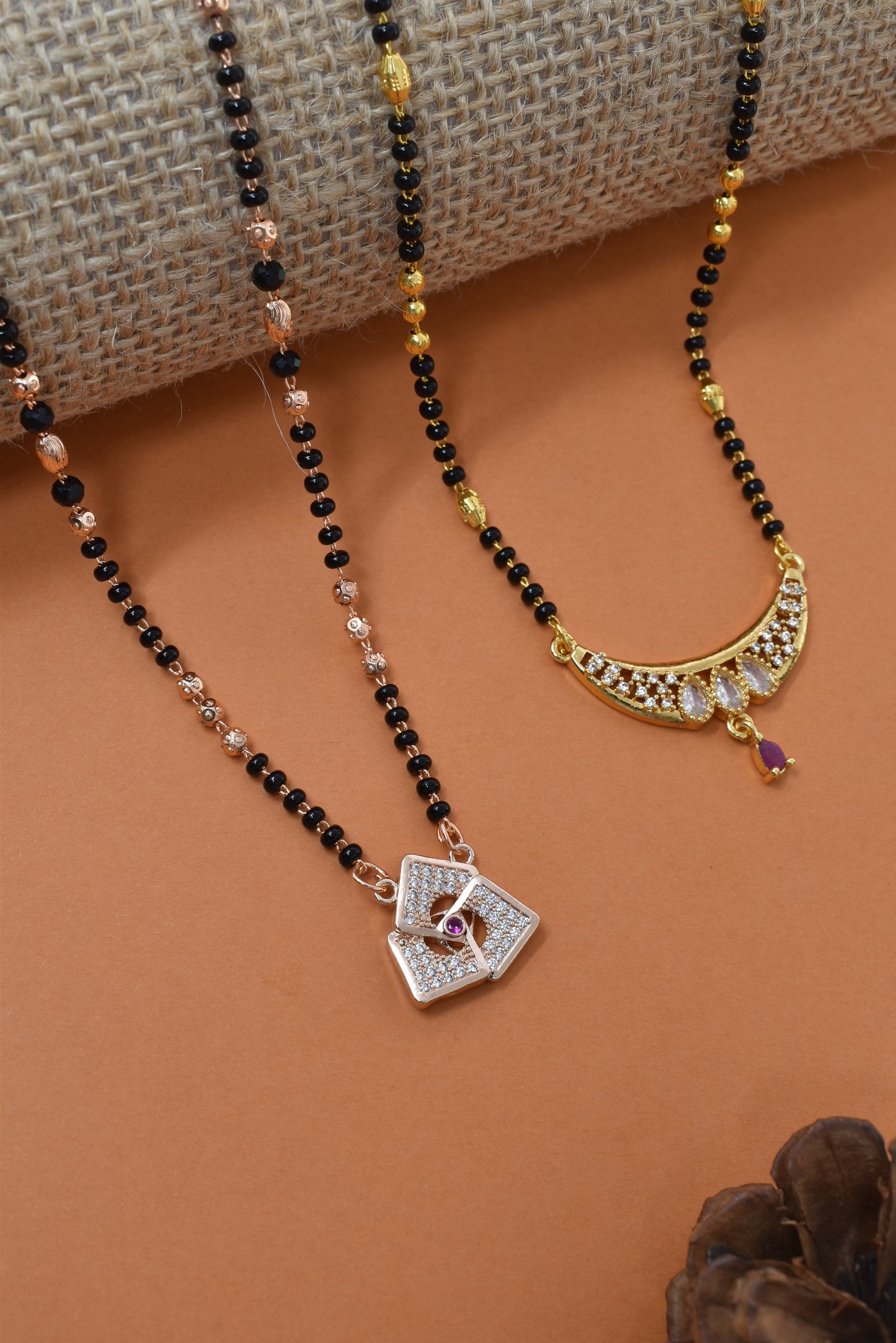Meira Jewellery Traditional Black Bead Combo Mangalsutra Necklace for Women, Gold & Rose Gold Plated CZ Stone Stylish Mangalsutra Pendant Chain for Daily & Festive Ethnic Set of 2 Tanmaniya-57