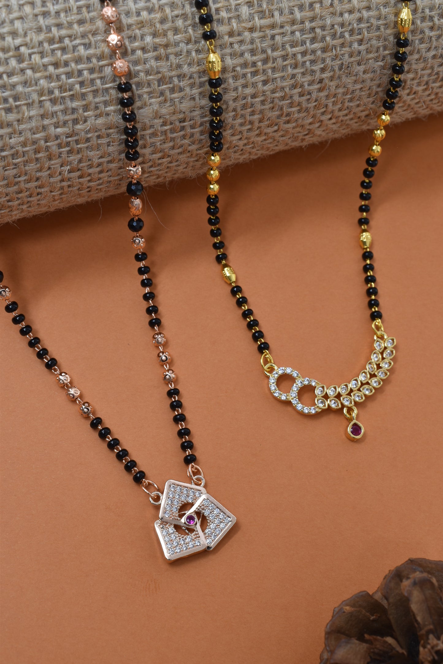 Meira Jewellery Traditional Black Bead Combo Mangalsutra Necklace for Women, Gold & Rose Gold Plated CZ Stone Stylish Mangalsutra Pendant Chain for Daily & Festive Ethnic Set of 2 Tanmaniya-58
