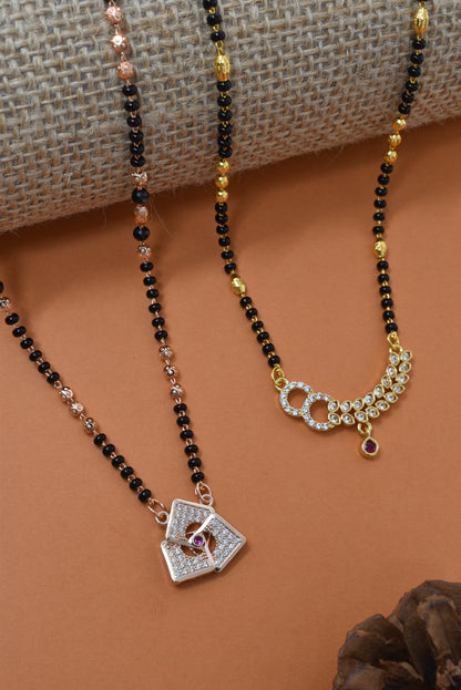 Meira Jewellery Traditional Black Bead Combo Mangalsutra Necklace for Women, Gold & Rose Gold Plated CZ Stone Stylish Mangalsutra Pendant Chain for Daily & Festive Ethnic Set of 2 Tanmaniya-58