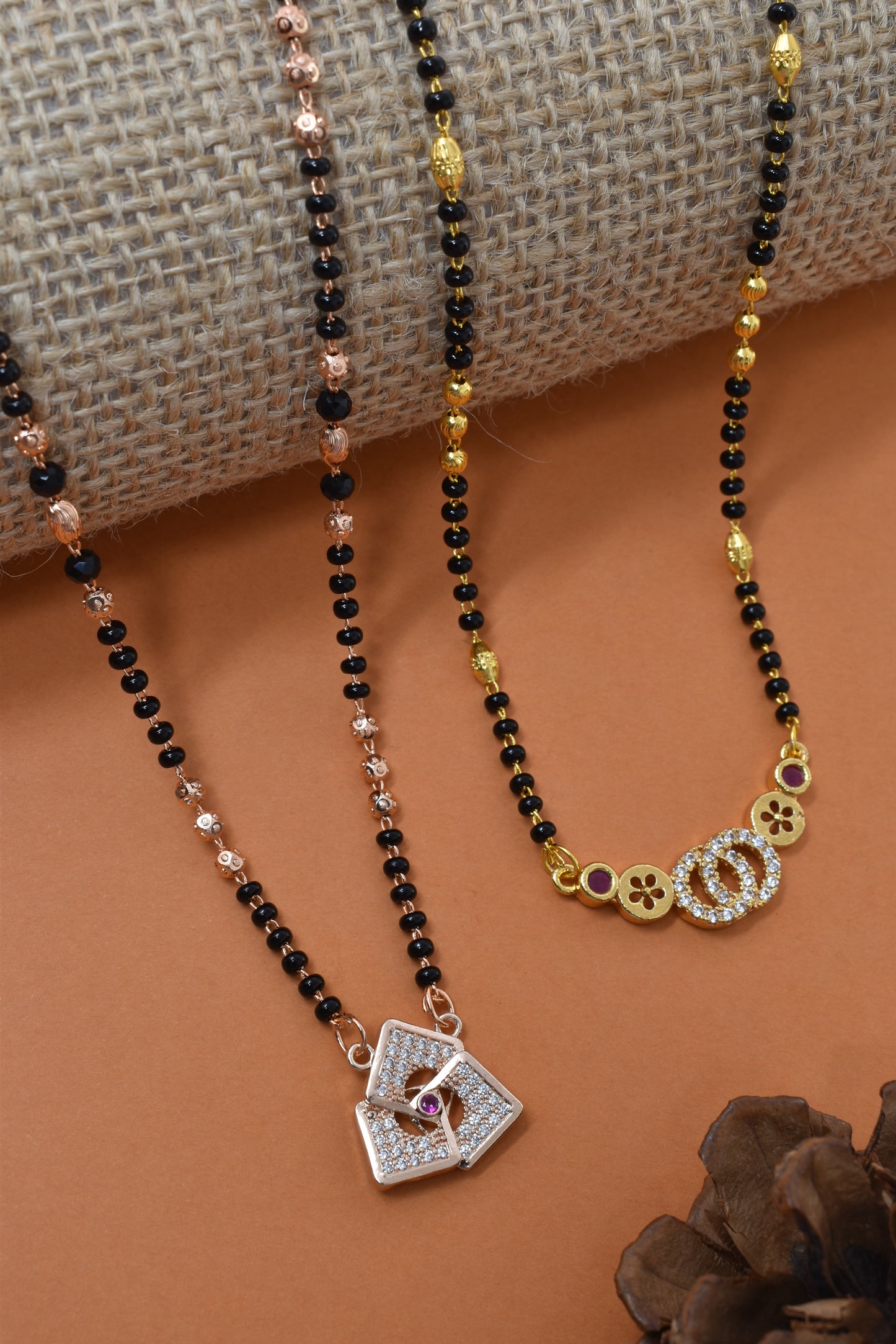 Meira Jewellery Traditional Black Bead Combo Mangalsutra Necklace for Women, Gold & Rose Gold Plated CZ Stone Stylish Mangalsutra Pendant Chain for Daily & Festive Ethnic Set of 2 Tanmaniya-59