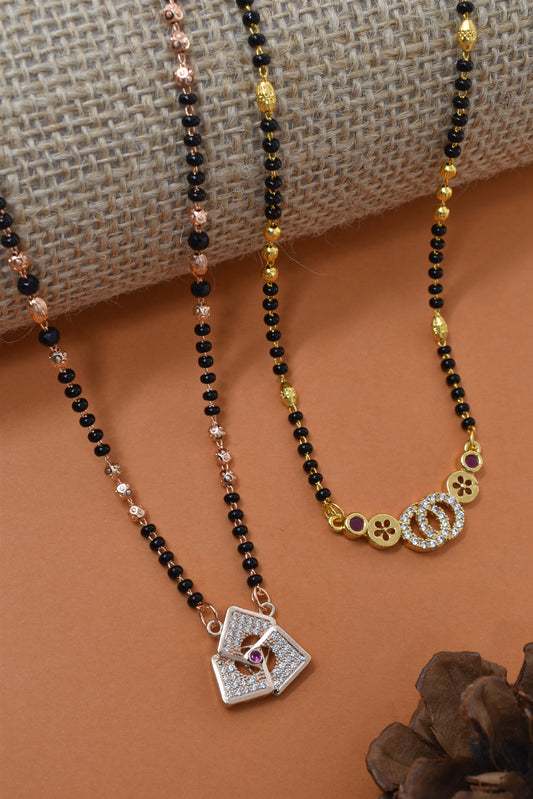 Meira Jewellery Traditional Black Bead Combo Mangalsutra Necklace for Women, Gold & Rose Gold Plated CZ Stone Stylish Mangalsutra Pendant Chain for Daily & Festive Ethnic Set of 2 Tanmaniya-59