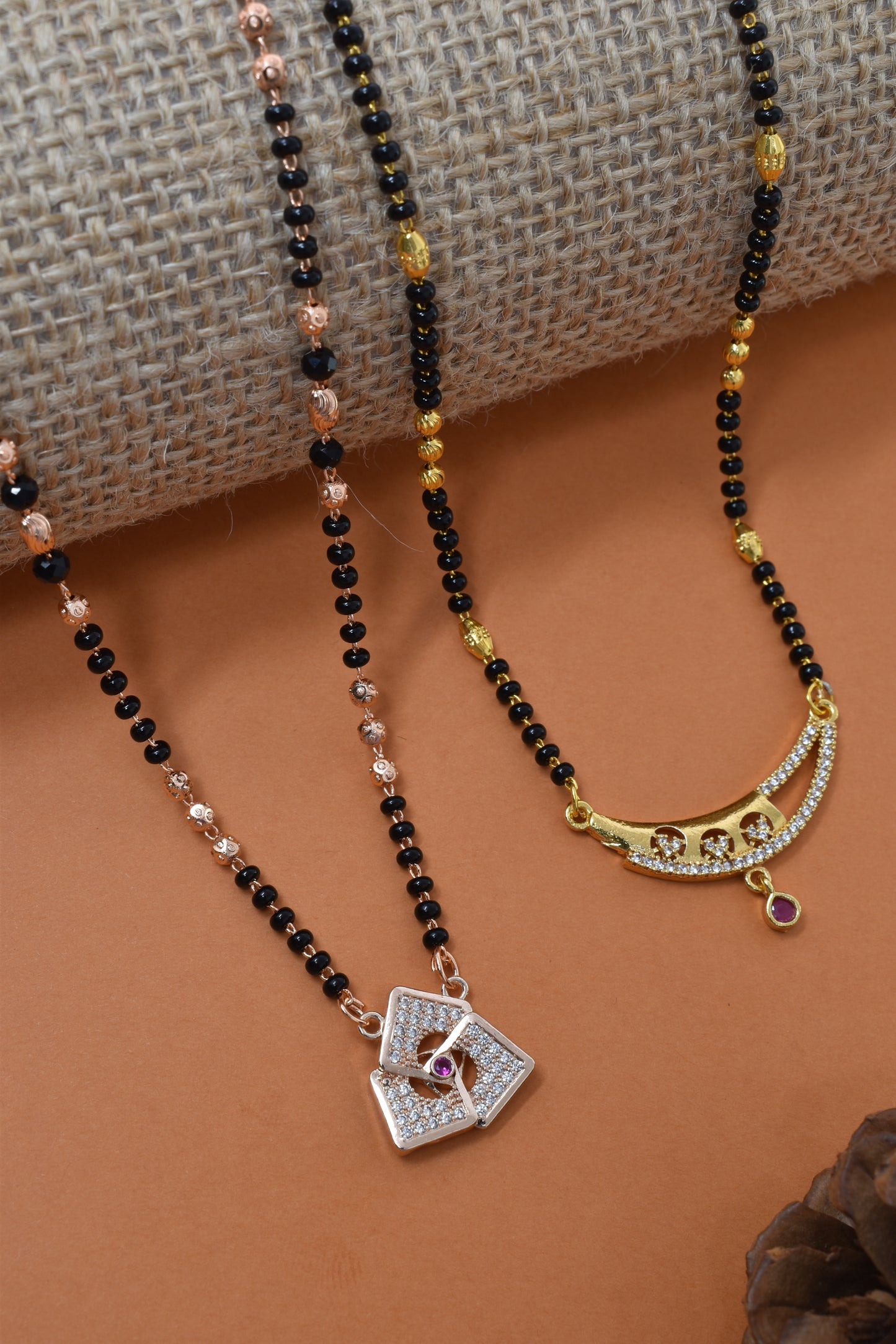 Meira Jewellery Traditional Black Bead Combo Mangalsutra Necklace for Women, Gold & Rose Gold Plated CZ Stone Stylish Mangalsutra Pendant Chain for Daily & Festive Ethnic Set of 2 Tanmaniya-60
