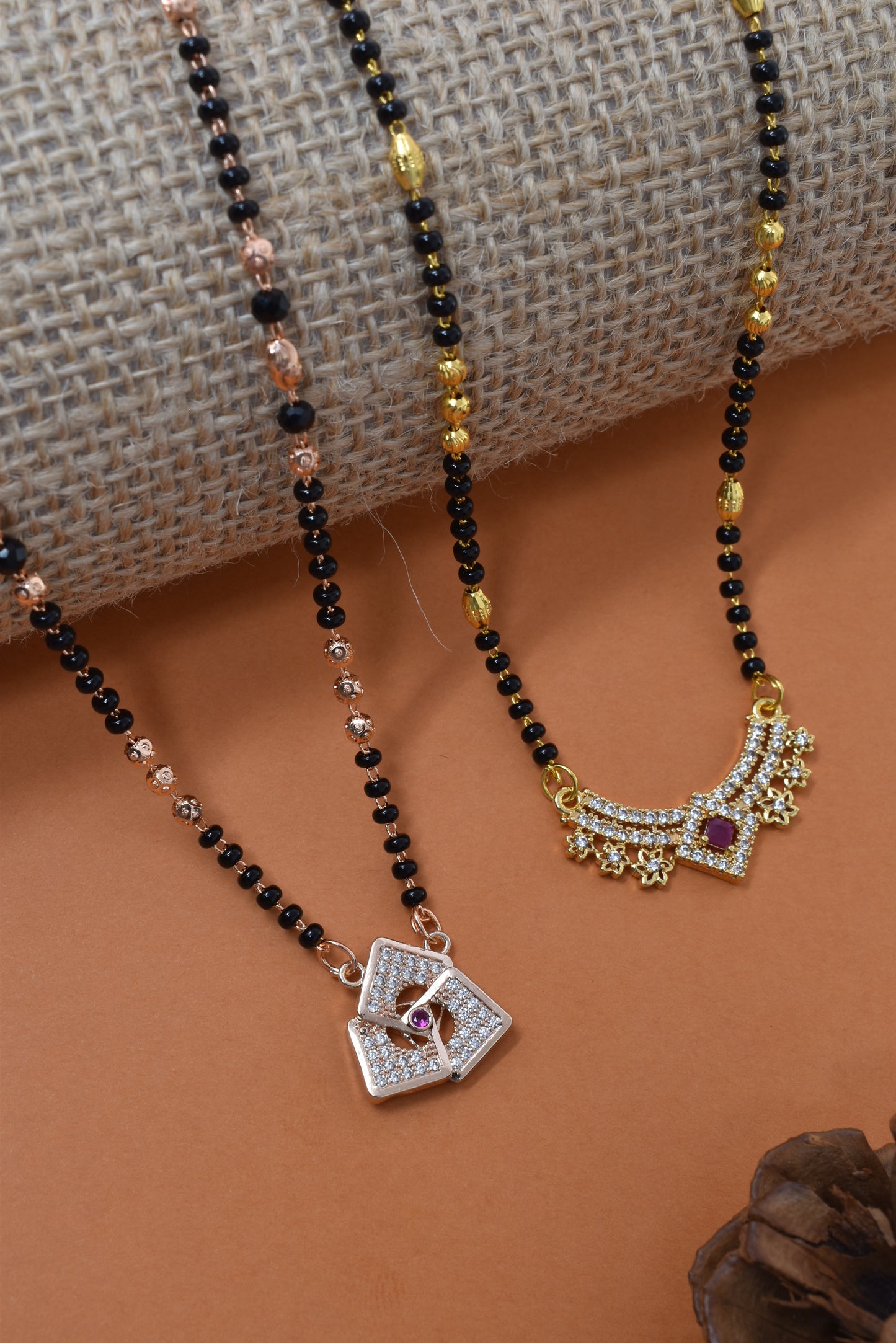 Meira Jewellery Traditional Black Bead Combo Mangalsutra Necklace for Women, Gold & Rose Gold Plated CZ Stone Stylish Mangalsutra Pendant Chain for Daily & Festive Ethnic Set of 2 Tanmaniya-62