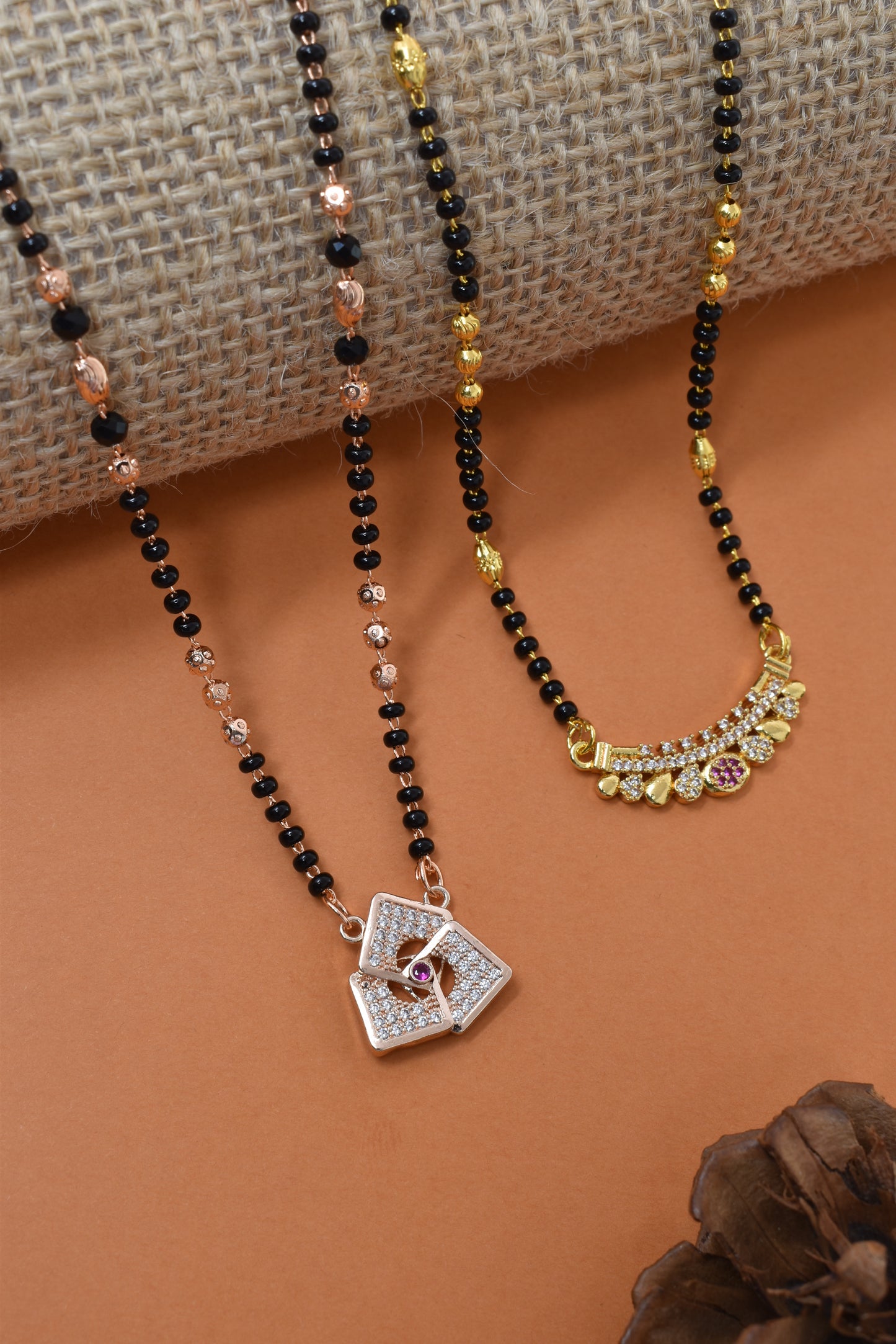 Meira Jewellery Traditional Black Bead Combo Mangalsutra Necklace for Women, Gold & Rose Gold Plated CZ Stone Stylish Mangalsutra Pendant Chain for Daily & Festive Ethnic Set of 2 Tanmaniya-63