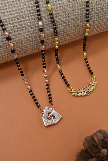 Meira Jewellery Traditional Black Bead Combo Mangalsutra Necklace for Women, Gold & Rose Gold Plated CZ Stone Stylish Mangalsutra Pendant Chain for Daily & Festive Ethnic Set of 2 Tanmaniya-63