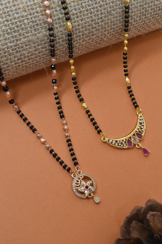 Meira Jewellery Traditional Black Bead Combo Mangalsutra Necklace for Women, Gold & Rose Gold Plated CZ Stone Stylish Mangalsutra Pendant Chain for Daily & Festive Ethnic Set of 2 Tanmaniya-64