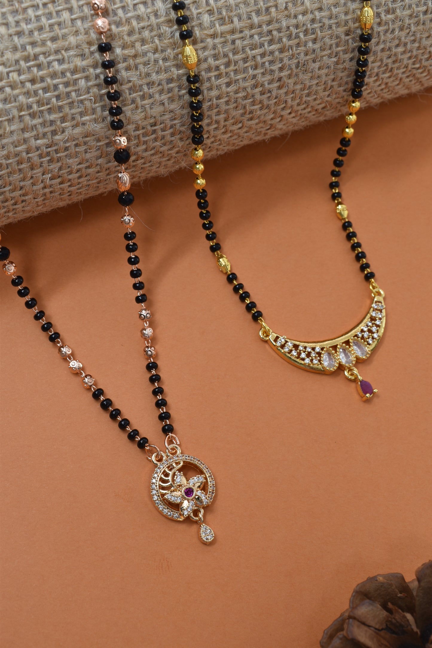 Meira Jewellery Traditional Black Bead Combo Mangalsutra Necklace for Women, Gold & Rose Gold Plated CZ Stone Stylish Mangalsutra Pendant Chain for Daily & Festive Ethnic Set of 2 Tanmaniya-65