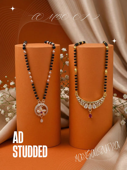 Meira Jewellery Traditional Black Bead Combo Mangalsutra Necklace for Women, Gold & Rose Gold Plated CZ Stone Stylish Mangalsutra Pendant Chain for Daily & Festive Ethnic Set of 2 Tanmaniya-65