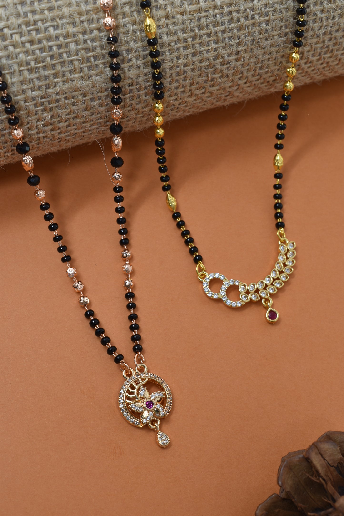 Meira Jewellery Traditional Black Bead Combo Mangalsutra Necklace for Women, Gold & Rose Gold Plated CZ Stone Stylish Mangalsutra Pendant Chain for Daily & Festive Ethnic Set of 2 Tanmaniya-66