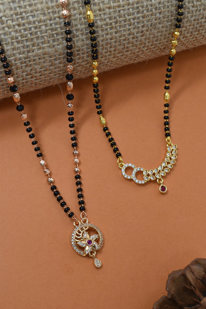 Meira Jewellery Traditional Black Bead Combo Mangalsutra Necklace for Women, Gold & Rose Gold Plated CZ Stone Stylish Mangalsutra Pendant Chain for Daily & Festive Ethnic Set of 2 Tanmaniya-66