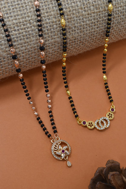 Meira Jewellery Traditional Black Bead Combo Mangalsutra Necklace for Women, Gold & Rose Gold Plated CZ Stone Stylish Mangalsutra Pendant Chain for Daily & Festive Ethnic Set of 2 Tanmaniya-67