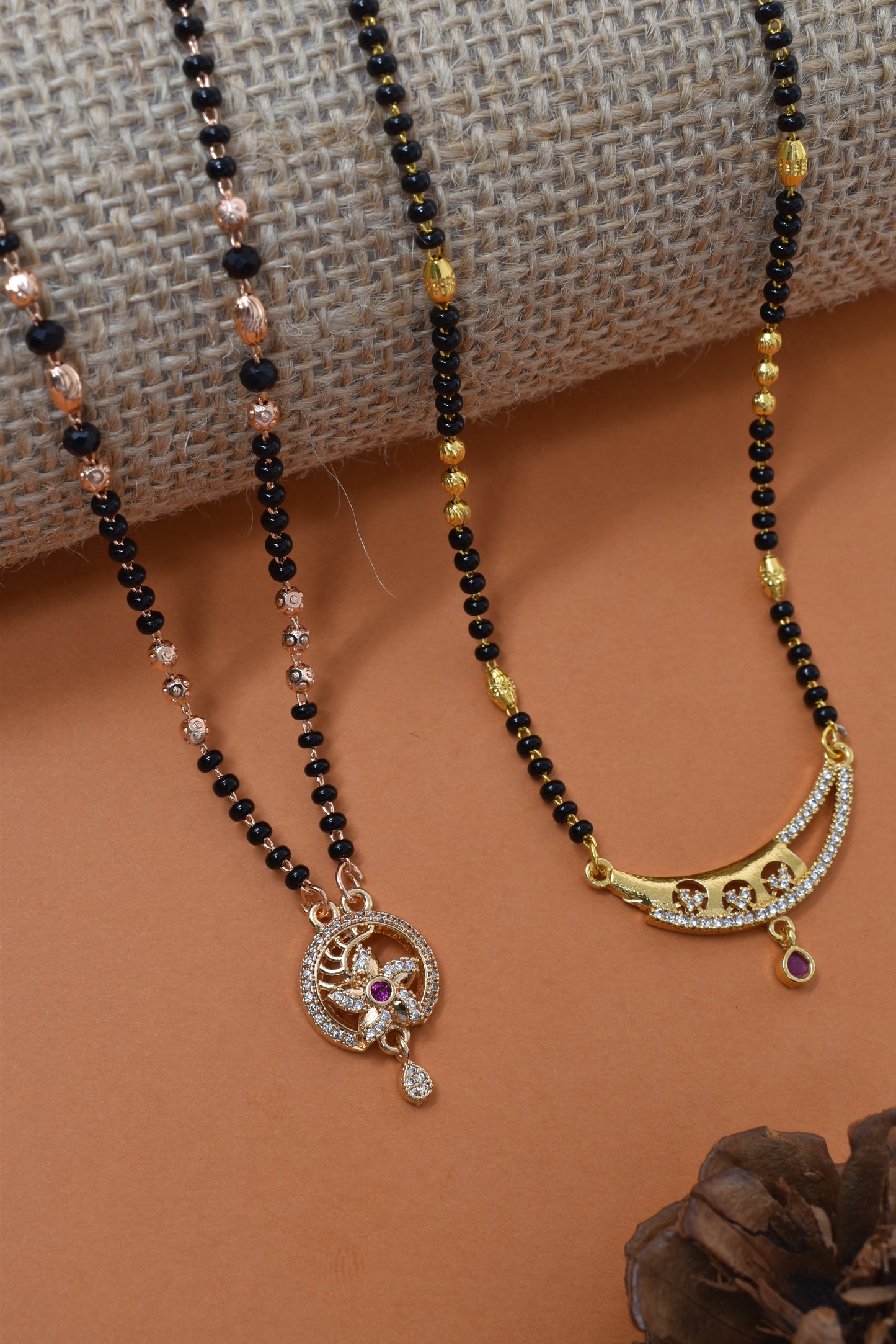Meira Jewellery Traditional Black Bead Combo Mangalsutra Necklace for Women, Gold & Rose Gold Plated CZ Stone Stylish Mangalsutra Pendant Chain for Daily & Festive Ethnic Set of 2 Tanmaniya-68