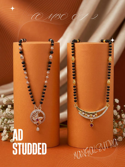 Meira Jewellery Traditional Black Bead Combo Mangalsutra Necklace for Women, Gold & Rose Gold Plated CZ Stone Stylish Mangalsutra Pendant Chain for Daily & Festive Ethnic Set of 2 Tanmaniya-68