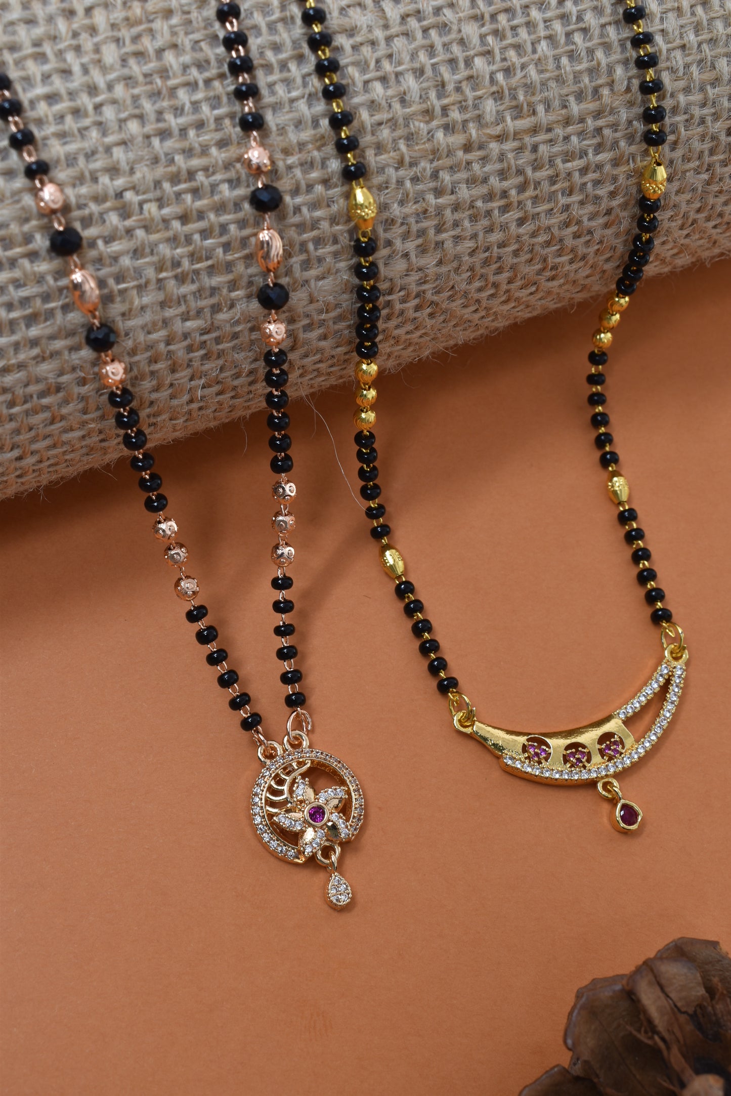 Meira Jewellery Traditional Black Bead Combo Mangalsutra Necklace for Women, Gold & Rose Gold Plated CZ Stone Stylish Mangalsutra Pendant Chain for Daily & Festive Ethnic Set of 2 Tanmaniya-69