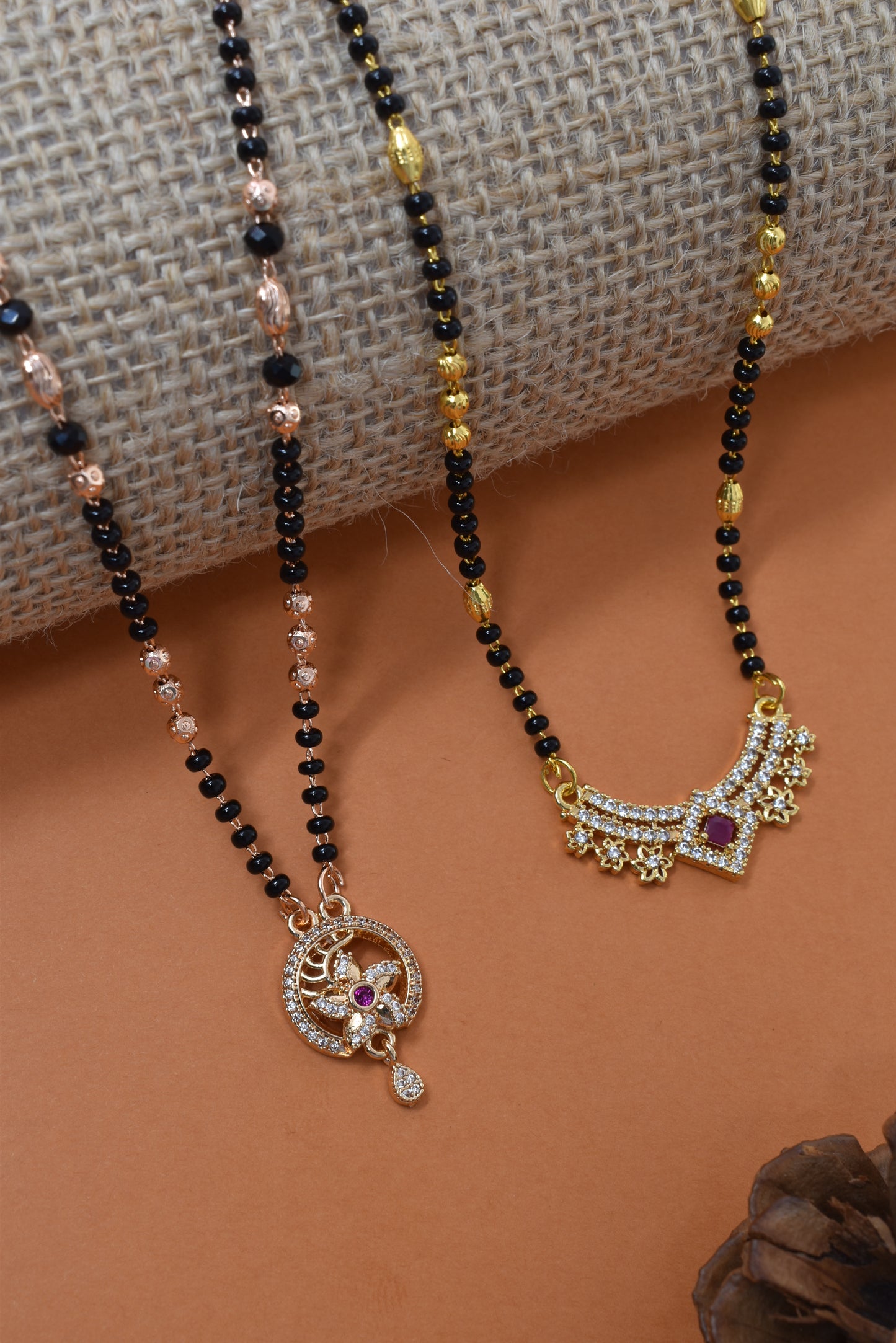 Meira Jewellery Traditional Black Bead Combo Mangalsutra Necklace for Women, Gold & Rose Gold Plated CZ Stone Stylish Mangalsutra Pendant Chain for Daily & Festive Ethnic Set of 2 Tanmaniya-70