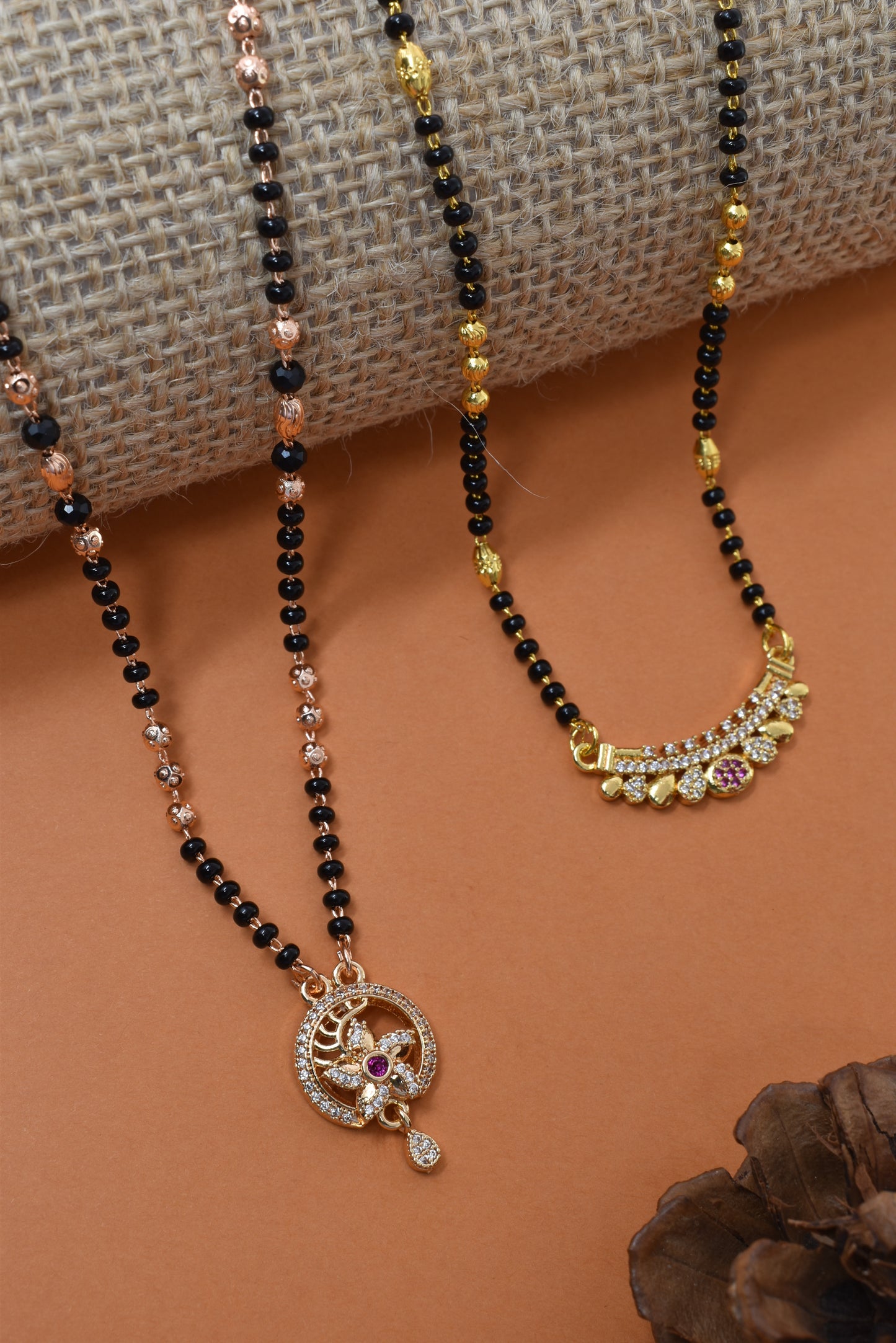 Meira Jewellery Traditional Black Bead Combo Mangalsutra Necklace for Women, Gold & Rose Gold Plated CZ Stone Stylish Mangalsutra Pendant Chain for Daily & Festive Ethnic Set of 2 Tanmaniya-71
