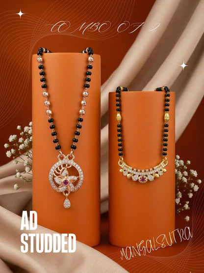 Meira Jewellery Traditional Black Bead Combo Mangalsutra Necklace for Women, Gold & Rose Gold Plated CZ Stone Stylish Mangalsutra Pendant Chain for Daily & Festive Ethnic Set of 2 Tanmaniya-71
