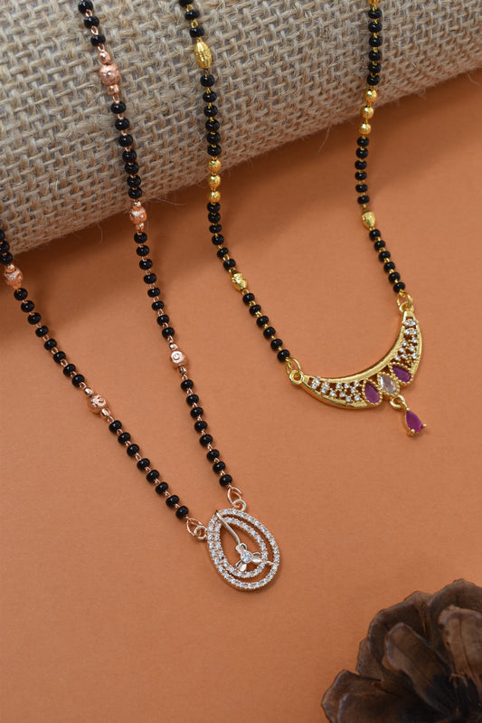 Meira Jewellery Traditional Black Bead Combo Mangalsutra Necklace for Women, Gold & Rose Gold Plated CZ Stone Stylish Mangalsutra Pendant Chain for Daily & Festive Ethnic Set of 2 Tanmaniya-72